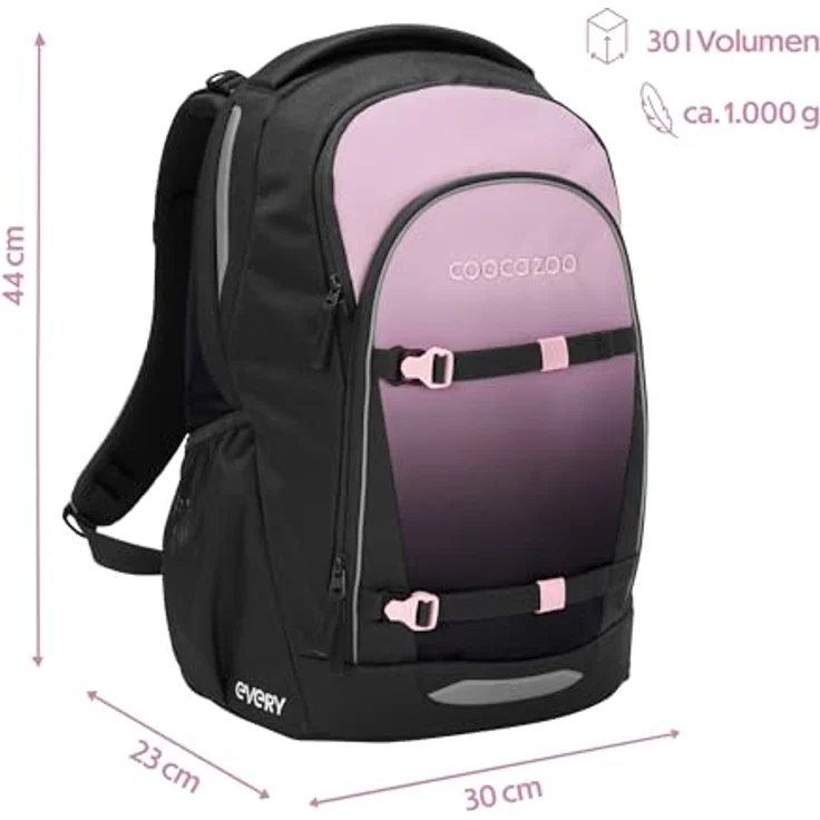 Coocazoo Schulrucksack EVERY „Rose Shadows“, ergonomischer Tornister höhenverstellbar, schwarz-rosa, mit Brustgurt & Hüftgurt, 30 Liter, ab der 3. Klasse – Bild 2