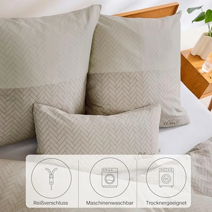s.Oliver Mako Satin Bettwäsche 135x200 cm, 100% Baumwolle, weich & anschmiegsam, mit Reißverschluss, beige, 2-teilig – Bild 3