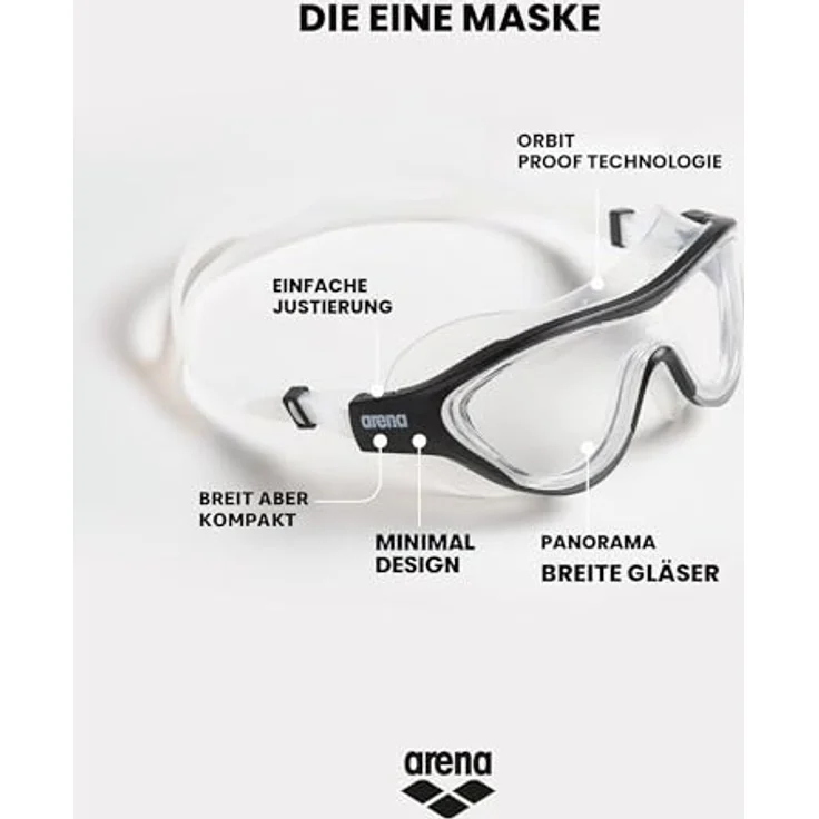 Arena Schwimmbrille THE ONE MASK UK, Universalschwimmmaske mit Panorama-Sichtfeld, verstellbarem Kopfband und UV-Schutz – Bild 3