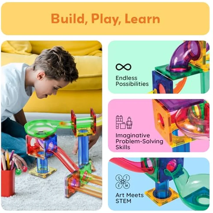 PicassoTiles Murmelbahn 50-teilige Magnetfliesen-Rennbahn Spielzeug-Set, Bauen & Lernen, pädagogische Magnetkonstruktion, Kinder-Gehirn-Entwicklungs-Kit | Jungen Mädchen ab 3 Jahren, bunt – Bild 2
