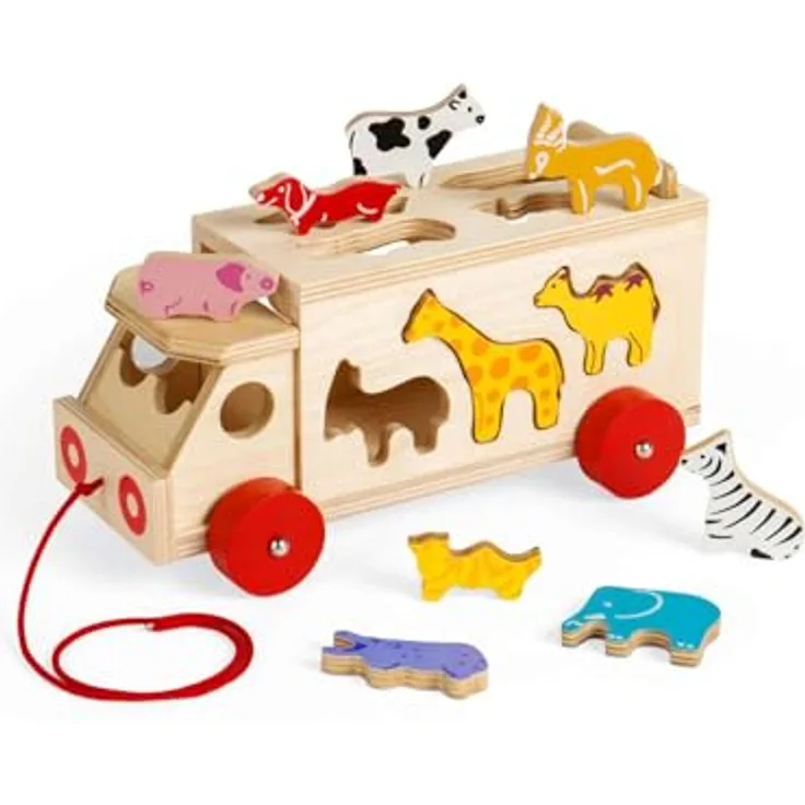 Bigjigs Wooden Shape Box Truck, Holzspielzeug mit 10 Tierlöchern und Ziehcord, für Kinder ab 18 Monaten