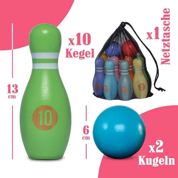 Pink Papaya Kegelspiel für Kinder - 12 teiliges Bowling Set, Outdoor & Indoor Spielzeug aus FSC-zertifiziertem Holz, schult & fördert Ihr Kind – Bild 5