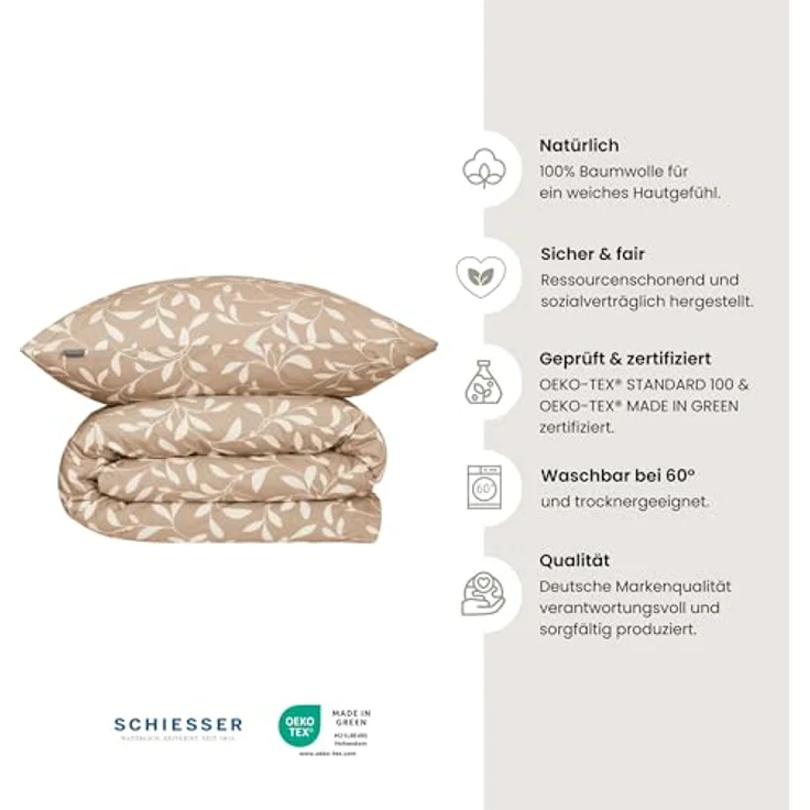 Schiesser Bettwäscheset Liliebeth | 2-teilig | Blumen | Renforcé | 100% Baumwolle | Oeko-Tex Zertifiziert | Reißverschluss | 135x200cm + 80x80cm | Sand – Bild 2
