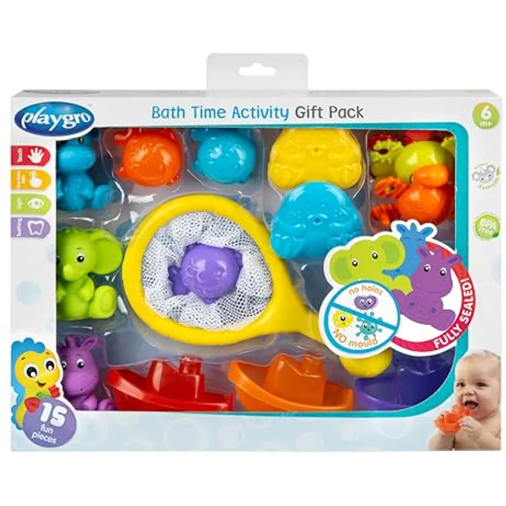 Playgro Bad Tijd Activiteiten Geschenkset, 15-teiliges Badespielzeug-Set für Babys, schimmelfrei und sicher