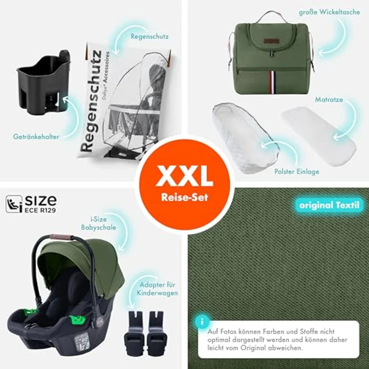 Daliya® NEOMOVE 3in1 Kinderwagen, Buggy & i-Size Babyschale | Alu-Rahmen | Faltbare Konstruktion | Pannensichere PU-Reifen | Großer Einkaufskorb | Stadt & Gelände (Schwarz-Olivgrün) – Bild 3