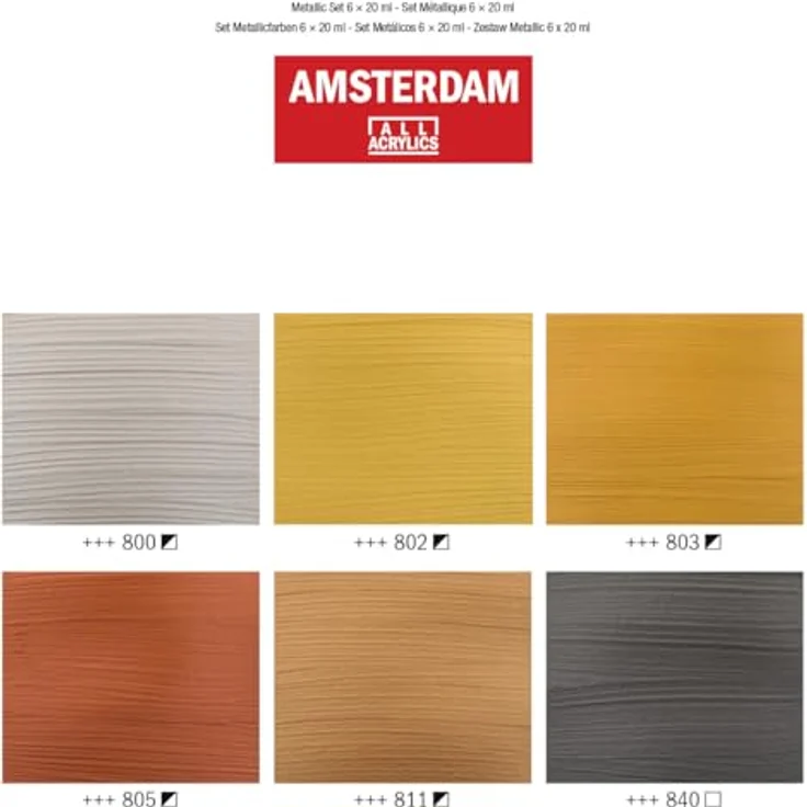 Amsterdam Standard Serie Acrylfarben Set, Metallic Set mit 6 glänzenden Farben (800 Silber, 802 Reichgold, 803 Dunkelgold, 805 Kupfer, 811 Bronze, 840 Graphit), 6 x 20 ml Tuben, wasserbasierte Spezialeffektfarbe – Bild 4