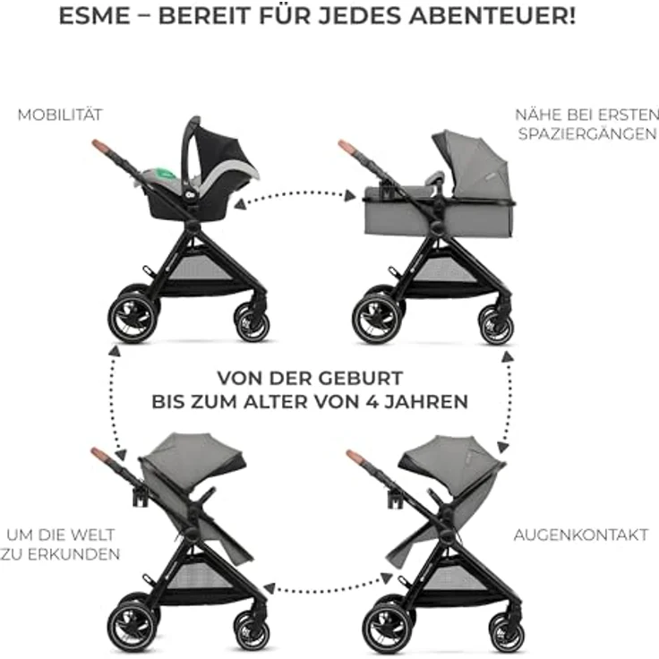Kinderkraft 3in1 Kombi-Kinderwagen-Set ESME, wendbarer Sitz & Wanne in einem, bis 22 kg, inkl. Babyschale MINK PRO i-Size, Getränkehalter, Wickeltasche, Moonlight Grey, mit Gratis Mobilitätsgarantie – Bild 3