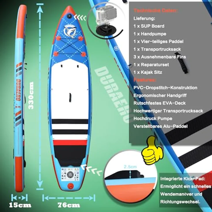 DURAERO Inflatable SUP-Board Stand up Paddle Board, 330x76x15cm, bis 150kg, inkl. Drei Finnen und Kajak Sitz, blau – Bild 2