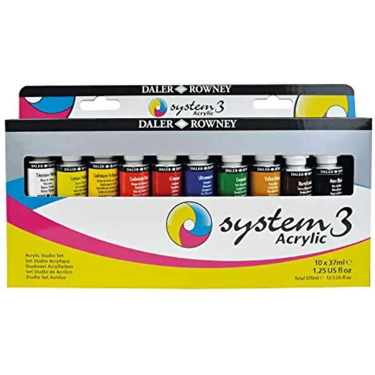 Daler Rowney SYSTEM3, Acrylfarben Studioset 10 x 37ml in Premium-Qualität, vielseitig einsetzbar, hohe Deckkraft, 10 Farben – Bild 1