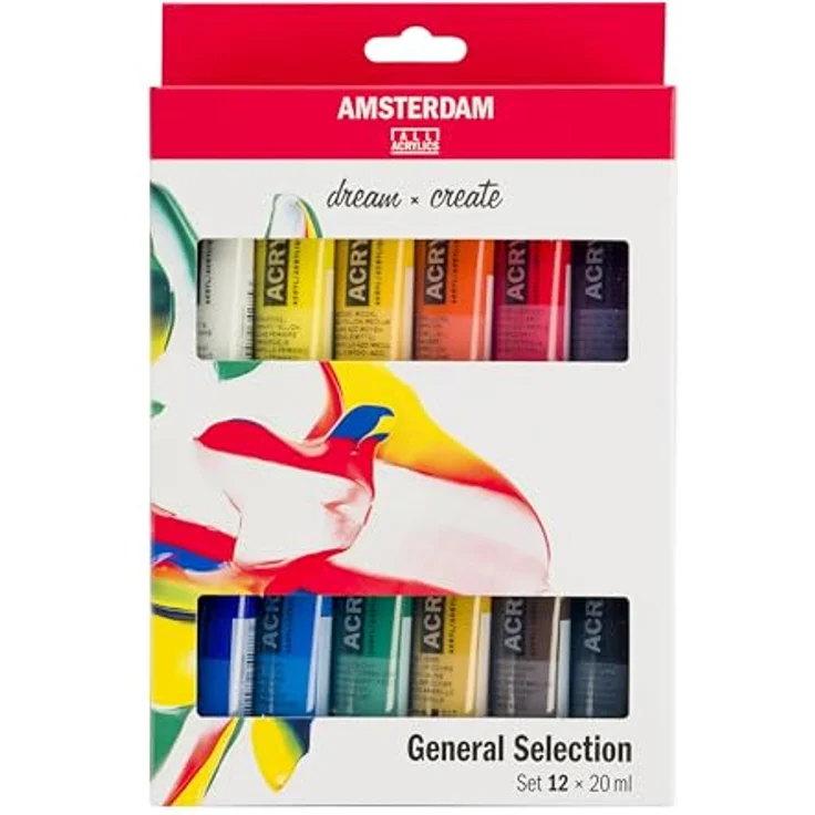 Amsterdam Standard Series Acrylfarben Set für Einsteiger, 12 x 20 ml Tuben in Basistönen, seidenmatte Deckkraft – Bild 1