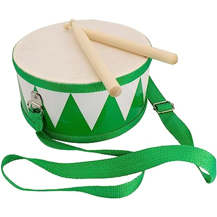 Trommel für Kinder grün-Weiss Musikinstrument aus Holz mit Trageriemen und Sticks D: 20 cm- 3845g