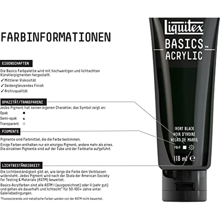 Liquitex Basics Acrylfarbe Elfenbeinschwarz – 118ml Tube, lichtecht, mittlere Viskosität, seidenglänzend, monopigmentiert, Archivqualität – Bild 3
