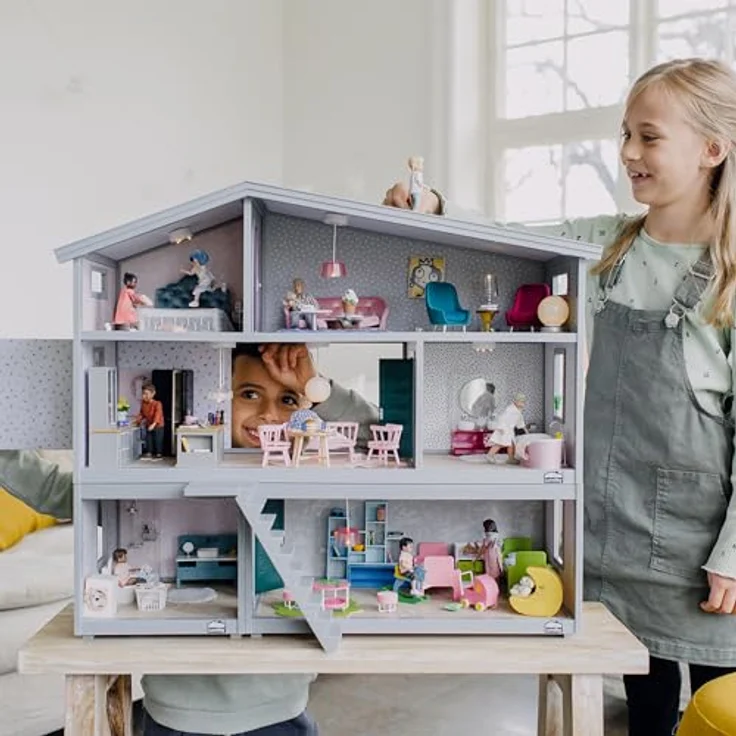 Lundby Puppenhausmöbel Herd und Kühlschrank-Set, 9-teilig in Grau und Schwarz mit LED-Beleuchtung und Küchenaccessoires – Bild 6