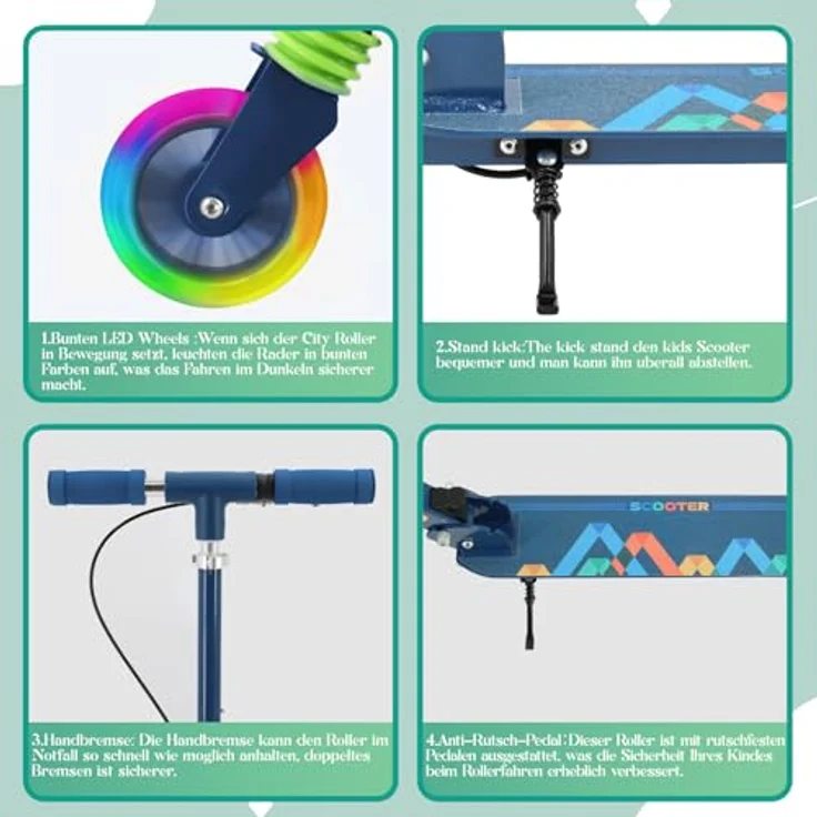 TENBOOM Kinder Scooter Roller Tretroller mit Höhenverstellbarem Lenker, Hinterradbremse, LED-Leuchträdern, klappbar für Kinder ab 3 Jahre, bis 50 kg – Bild 4