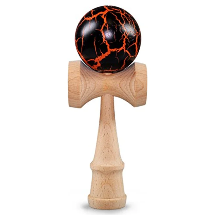 Ganzoo Kendama Buchenholz, Geschicklichkeitsspiel mit 3 Fangmulden, Auffangstift und Lochkugel, 16 cm, schwarz Flash + Holz – Bild 1