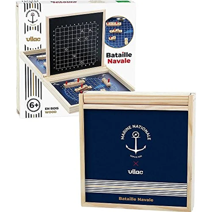 Vilac Bataille navale - Marine nationale, Brettspiel mit wiederbeschreibbarer Schiefertafel und Jutesäckchen, zusammenklappbare Holzbox – Bild 7