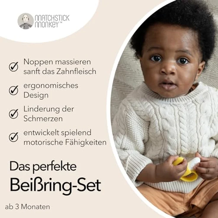Matchstick Monkey Geschenkset Beißring 2er Set - Antimikrobielle Zahnungshilfe - BPA-frei - Banane & Affe rosa – Bild 3