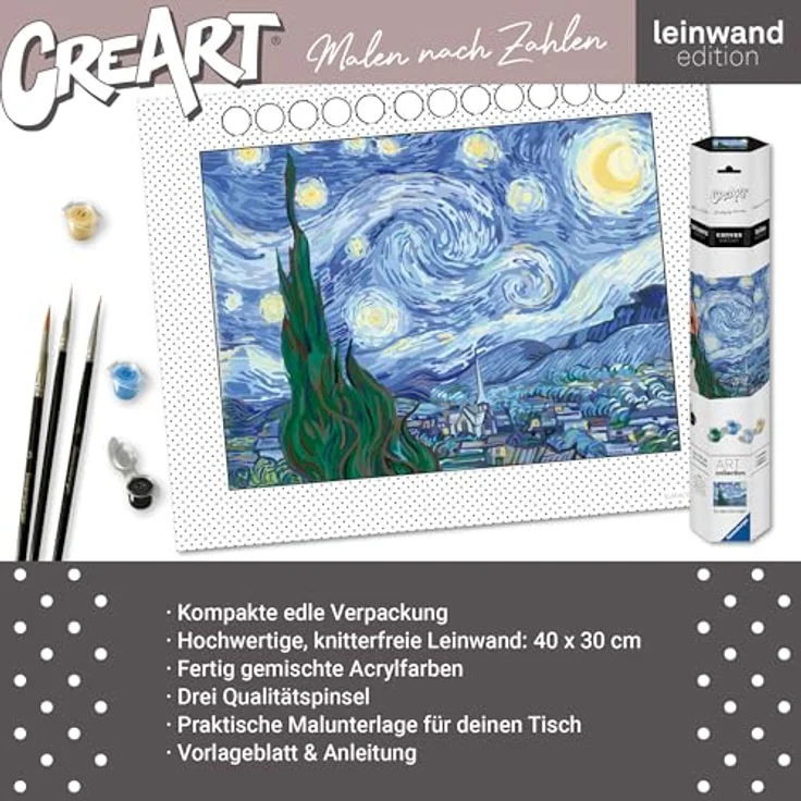 Ravensburger Malen nach Zahlen CreArt, Leinwand ART Collection: Sternennacht (Van Gogh), Made in Europe, FSC® - schützt Wald - weltweit, hochwertige Leinwand für Erwachsene, Acrylfarben, 40 cm x 30 cm – Bild 5