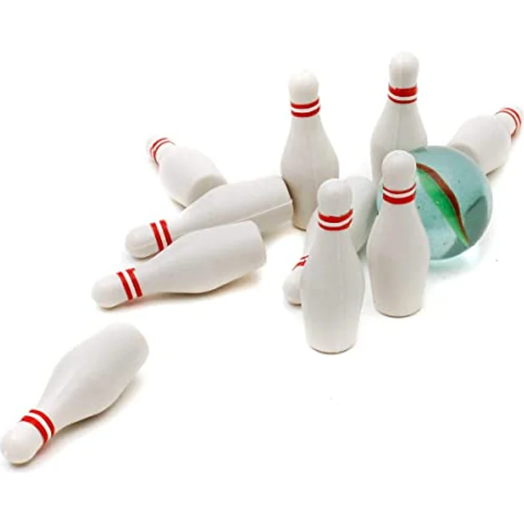 GOODS+GADGETS Mini Bowling Set, Miniatur-Bowling Kegel-Spiel mit Kugel für Büro und Pausenraum, korrekte Proportionen, 10 Pins ca. 4 x 1,4 cm, Kugeldurchmesser ca. 2 cm – Bild 1