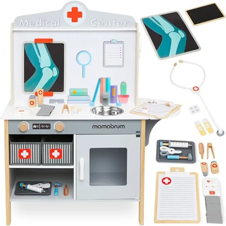 Mamabrum,Holz Arzneischrank Krankenhaus XXL - Arzt Set mit Zubehör, 20 Stück Realistisches medizinisches Zubehör