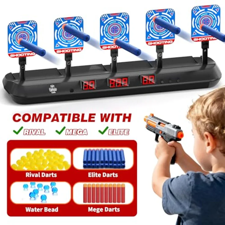 Lehoo Castle Nerf Zielscheibe, 5 Ziele Nerf Zielscheibe Elektrisch mit Licht und Sounds, Auto-Reset Elektro-Schießscheiben mit Foam Darts Pfeile, Geschenk für Jungen – Bild 5