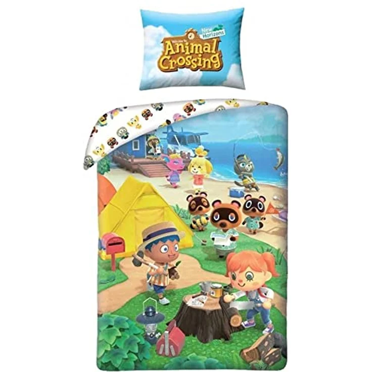 Halantex AMC001 Animal Crossing Campingplatz Bettbezug Set, 2-teilig, für Einzelbett, 140 x 200 cm + 70 x 90 cm, Wendbar, 100 % Baumwolle, Mehrfarbig, offizielles Lizenzprodukt