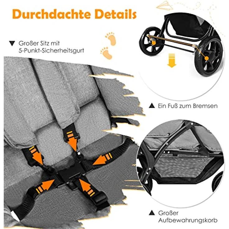 DREAMADE Geschwisterwagen 2 in 1, Doppelkinderwagen baby und kleinkind, Zwillingswagen Faltbar, Babywagen mit Doppelsitz, kinderwagen für 2 kinder, Grau – Bild 5