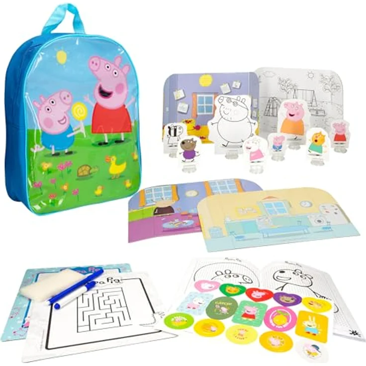 Lisciani Peppa Wutz Mal- und Zeichenschule, Kreativset mit Rucksack, 2 abwischbare Zeichentafeln, 4 doppelseitige Szenarien, 8 Figuren, bunte Stifte, Made in Italy – Bild 4