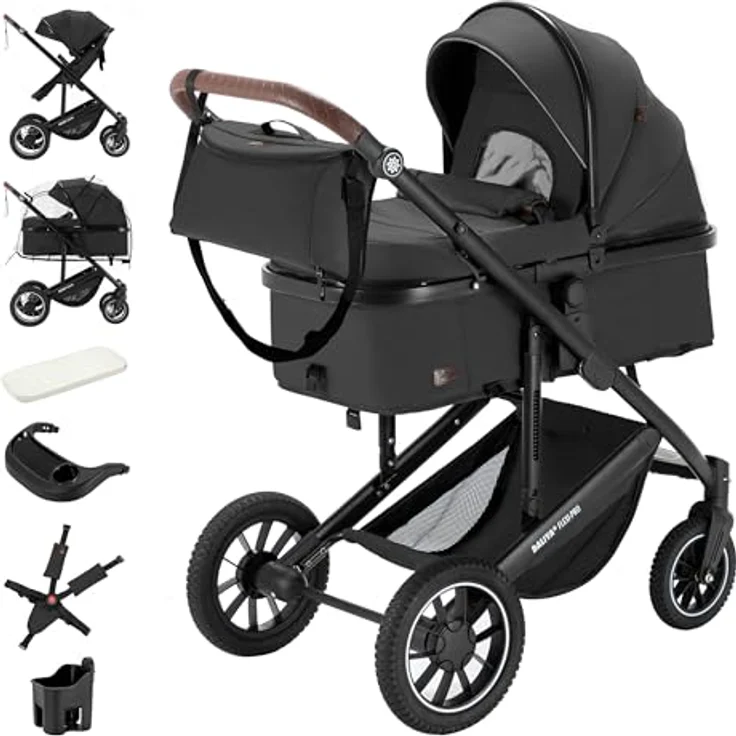 Daliya FLEXI-PRO M 2in1 Kombikinderwagen, klappbar mit Liegefunktion, höhenverstellbar, Dunkelgrau Leinen, für Neugeborene & Kleinkinder, mit großem Einkaufskorb – Bild 1