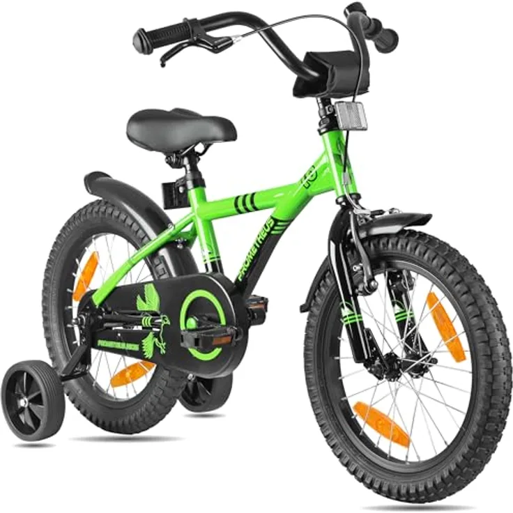 PROMETHEUS BICYCLES Kinderfahrrad 16 Zoll ab 5 Jahren - Kinder Fahrrad Mädchen Jungen Fahrrad Kinder mit Stützräder Rücktrittbremse in Grün Schwarz, leichter Rahmen, Bremsen, Sicherheitspaket