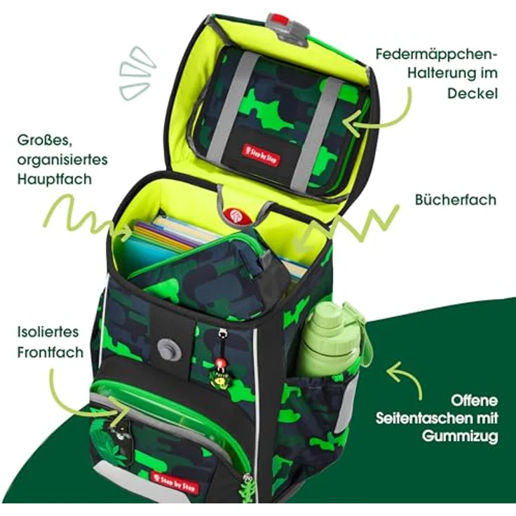 Step by Step Giant Schulranzen-Set „Black Cat Chiko“, ergonomischer Tornister, 5-teilig, grau-grün, 23 Liter, höhenverstellbar mit Hüft- und Brustgurt, inklusive reflektierenden Elementen und MAGIC MAGS – Bild 5