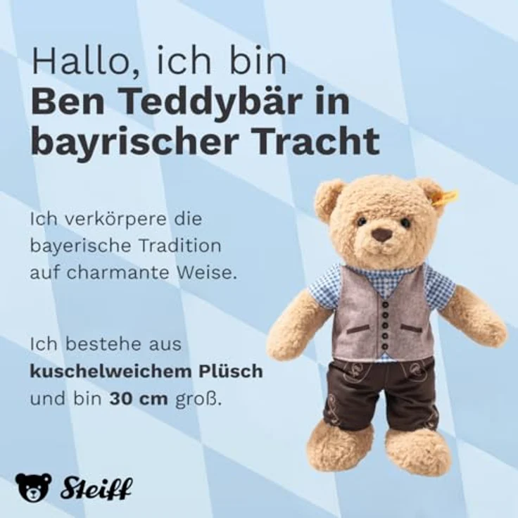 Steiff Ben Teddybär, Kuscheltier in bayrischer Tracht, 30 cm, beige, handgefertigt, waschbar bei 30 °C – Bild 2