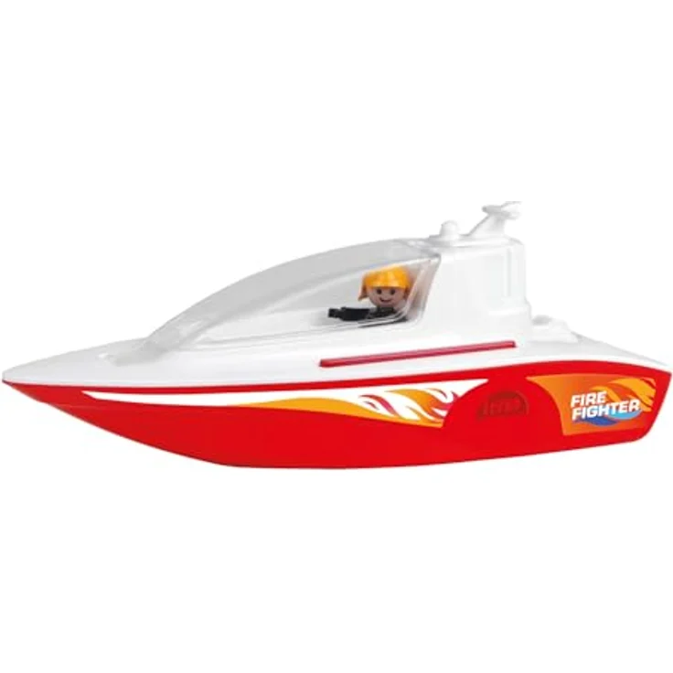 Lena BOAZZ Feuerwehrboot 36 cm, Spielzeugboot Indoor und Outdoor geeignet, Kabine zum Öffnen, Zwei Sitzplätze Plus Spielfigur, Rot – Bild 1