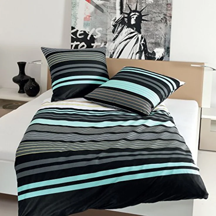 Janine Bettwäsche J.D. 8464 02 Aqua Graphit Streifen Mako Satin, 100% Baumwolle, Größe: 200x200 cm + 2 x 80x80 cm – Bild 2