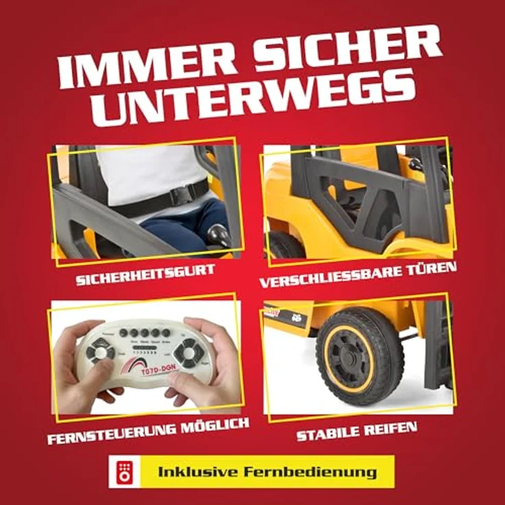 HECHT Kinder Elektro Gabelstapler 12 V, ferngesteuertes Elektroauto mit 2 × 40 W Motoren, Fernbedienung, inkl. Palette, 35 kg Traglast, bis 6 km/h, für Kinder ab 3 Jahren, Gelb – Bild 4