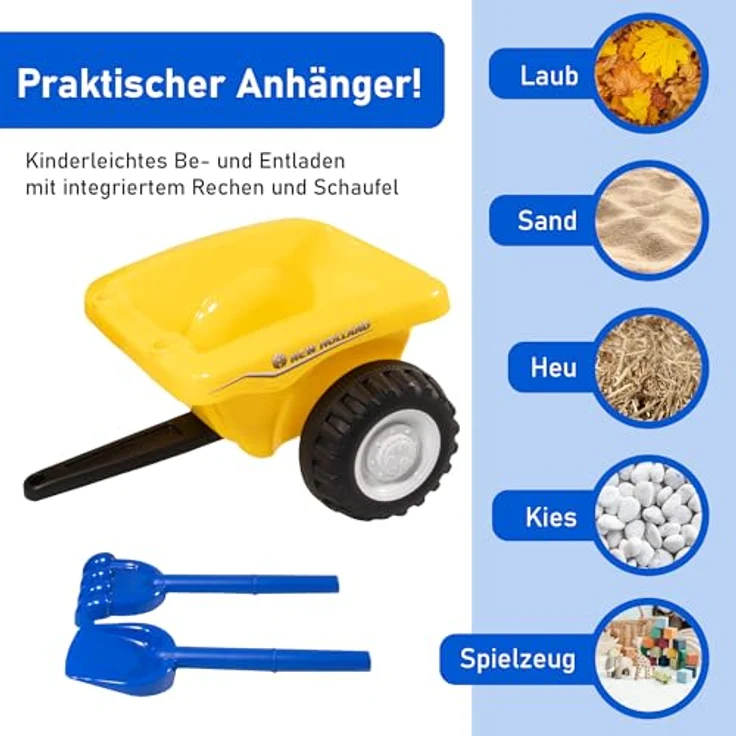 NATIV Rutschauto Traktor New Holland ab 1 Jahr | mit Anhänger, Schaufel, Rechen | gelb, mit Soundtasten und Licht – Bild 3