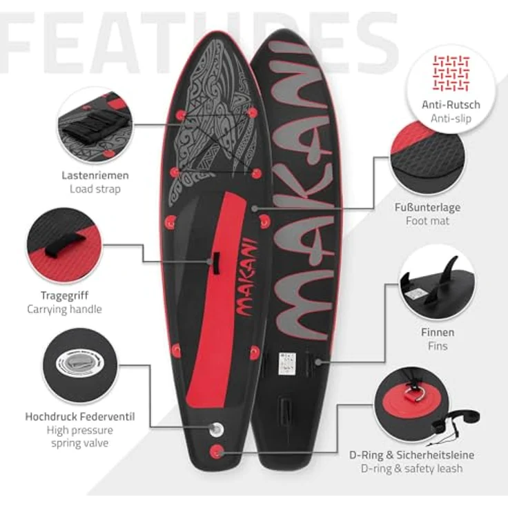 ECD Germany Aufblasbares Stand Up Paddle Board Makani 320x80x15 cm, Schwarz-Rot, aus PVC, bis 120 kg, Komplettset mit Paddel, Pumpe und Tragetasche – Bild 3