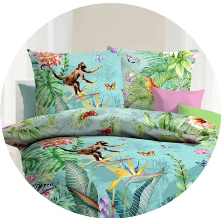 JACK Mako Satin 4tlg. Äffchen Dschungel Kakadu Schmetterling Bunt Urwald, 135x200cm Kinderbettwäsche – Bild 3