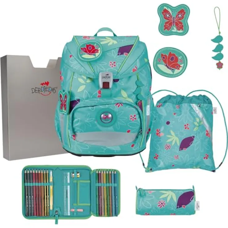 DerDieDas Schulranzen Set 5-TLG. ErgoFlex Light Butterfly Garden, leicht mit 800g Eigengewicht, ergonomisch mit abnehmbaren Hüftgurten