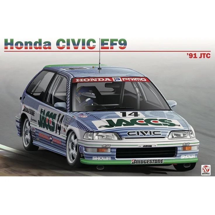 Beemax Honda Civic EF9 Gr.A 1991 JTC InterTEC, Modellfahrzeug im Maßstab 1:24 mit blau-weißer Rennlackierung und detailliertem Cockpit
