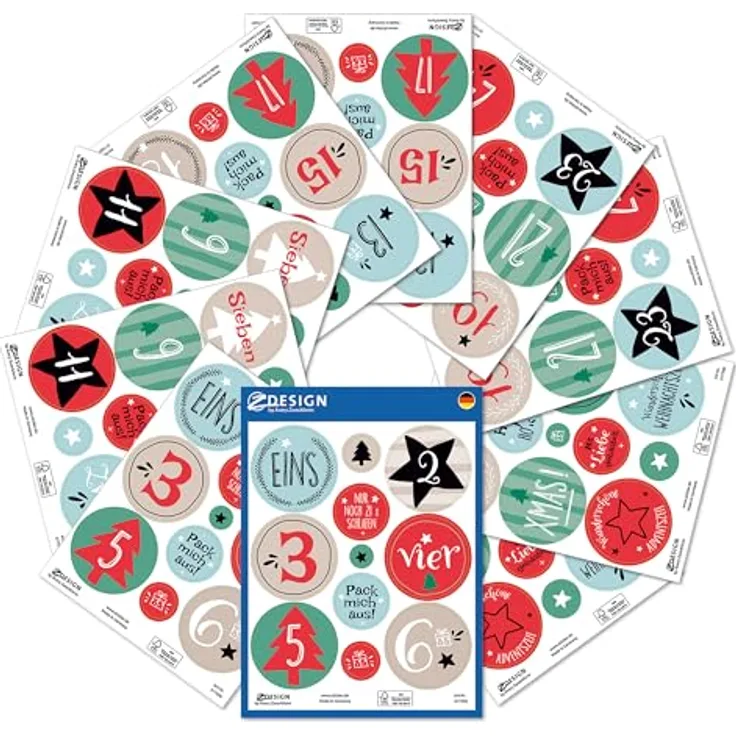 AVERY Zweckform Sticker Adventskalender Zahlen 1-24, selbstklebende Weihnachtsaufkleber, 109 Papiersticker auf 10 Bogen, Made in Germany