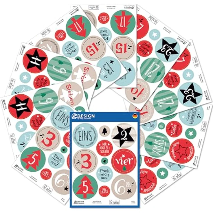 AVERY Zweckform Sticker Adventskalender Zahlen 1-24, selbstklebende Weihnachtsaufkleber, 109 Papiersticker auf 10 Bogen, Made in Germany – Bild 1