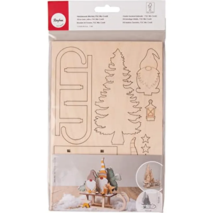 Rayher Holzbausatz Schlitten mit Wichtel, Holz FSC zertifiziert, natur, 11,5 x 5 x 16,5cm, Set 12-tlg., Holzdekoration Weihnachten, zum Basteln und Bemalen, 46671505