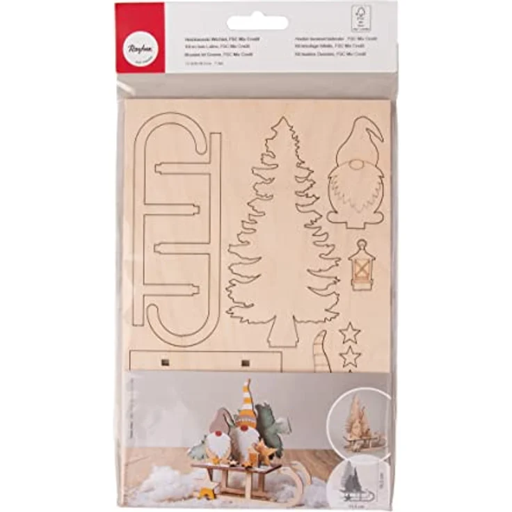 Rayher Holzbausatz Schlitten mit Wichtel, Holz FSC zertifiziert, natur, 11,5 x 5 x 16,5cm, Set 12-tlg., Holzdekoration Weihnachten, zum Basteln und Bemalen, 46671505 – Bild 1