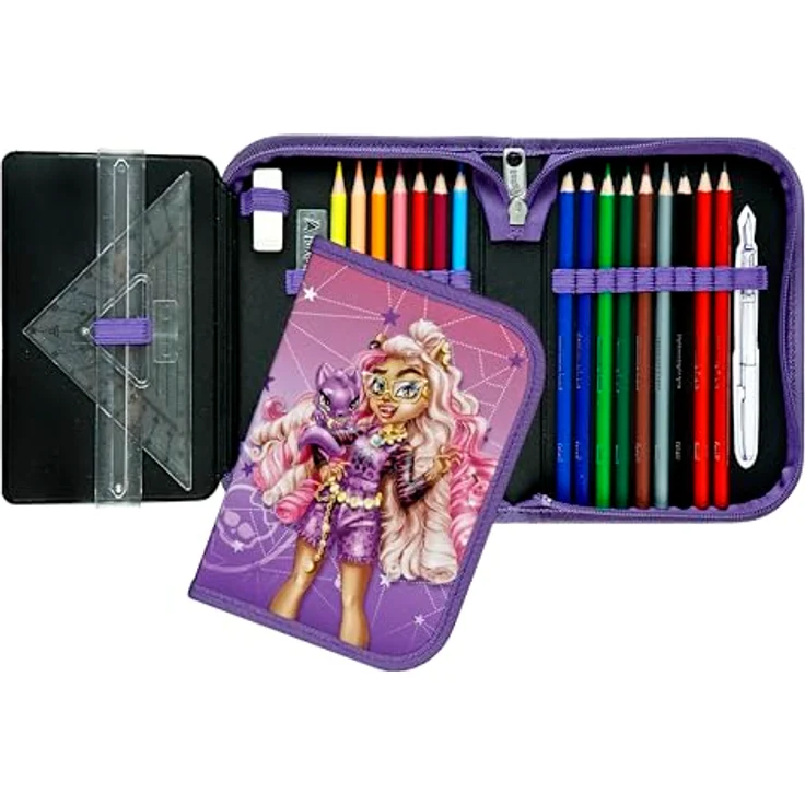Scooli Gefülltes Schüleretui Monster High, Federmäppchen mit 14 Buntstiften, 2 Bleistiften und umfangreichem Zubehör, ideal für Schule und Freizeit, ergonomisch geformt, ab 6 Jahren – Bild 2