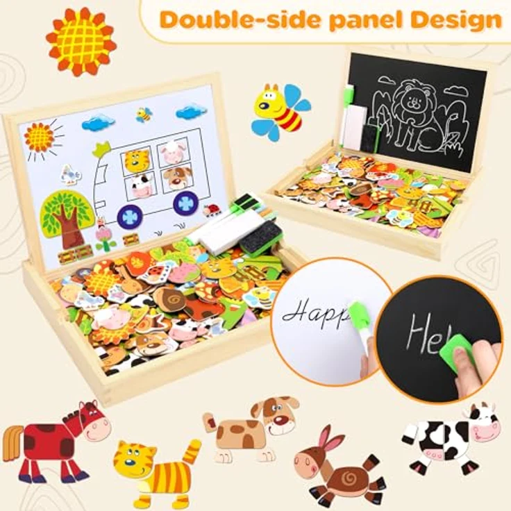 COOLJOY Magnetisches Holzpuzzle mit Doppelseitiger Tafel, Flyfun Holzspielzeug Puzzles Kinder 3 Jahre, Pädagogische Lernspiel 100 Bunten Teile, Kreativ Geschenk für Kinder (Farmmuster) – Bild 5