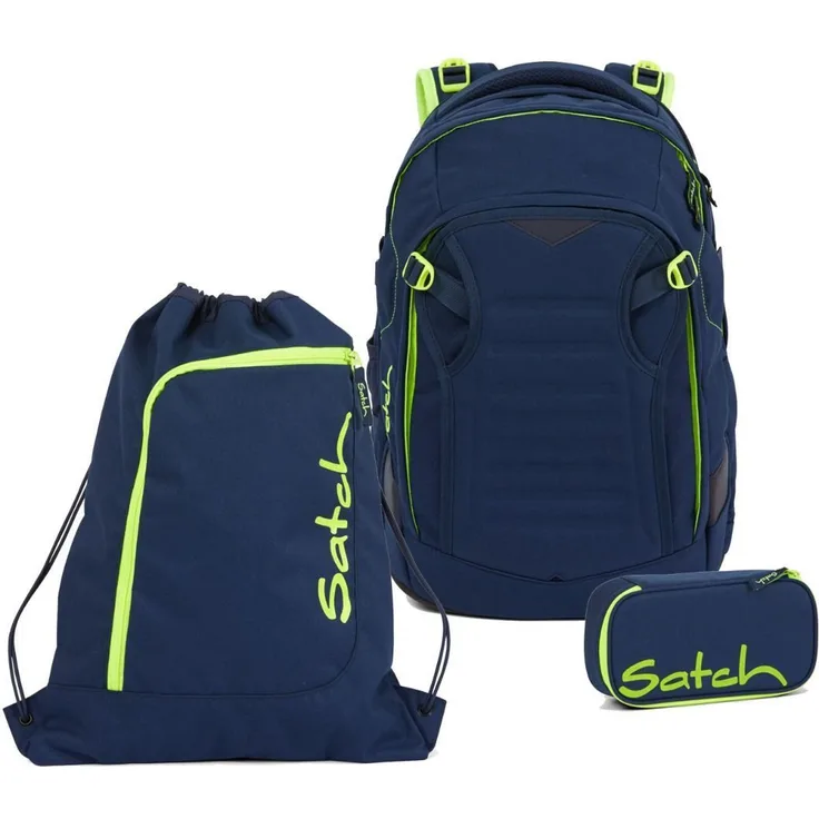 Satch Schulrucksack Match (3tlg., inkl. Schlamperbox und Sportbeutel) - Ergonomischer Schulrucksack mit Trekking-Technologie, aus recycelten PET-Flaschen, blau