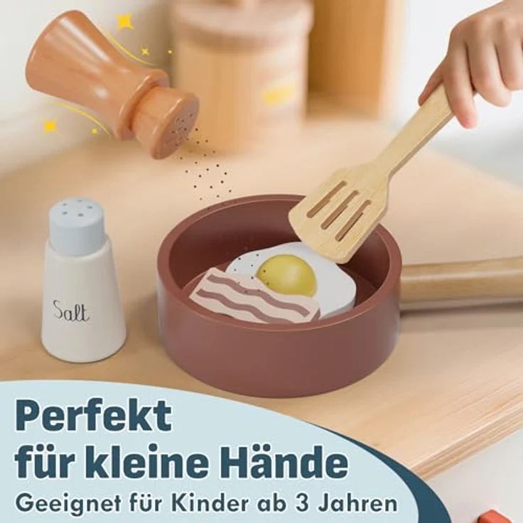 Lehoo Castle Kinderküche Zubehör, Spielküche Holz mit Töpfen, Pfannen und Gemüseschnitten, ab 3 Jahre – Bild 5