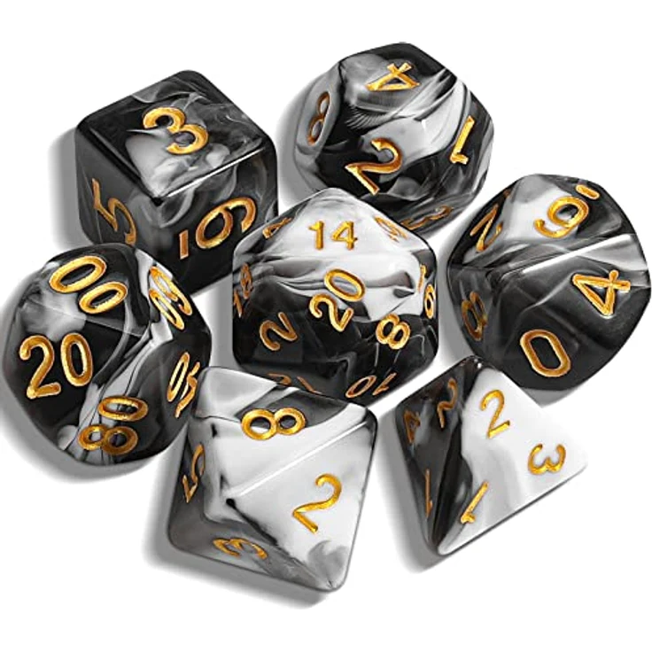 QMAY DND Würfel Set, Polyedrische 7er Würfel für Dungeons and Dragons, Schwarz und Weiß, inkl. Samtbeutel, Acryl, leicht lesbar – Bild 1