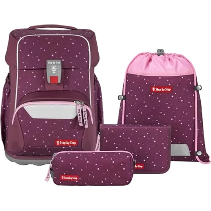 Step by Step Basis Schulranzen-Set „Berry Stars“, 4-teilig, ergonomischer Tornister in Beere, 20 Liter, mit Reflektoren, Hüft- und Brustgurt, für Kinder ab der 1. Klasse – Bild 1